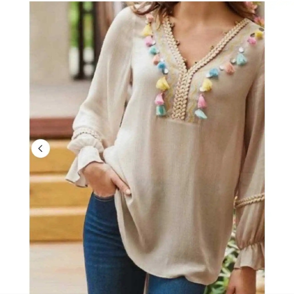 Soft Surroundings Cream Blouse with Colorful Tassels